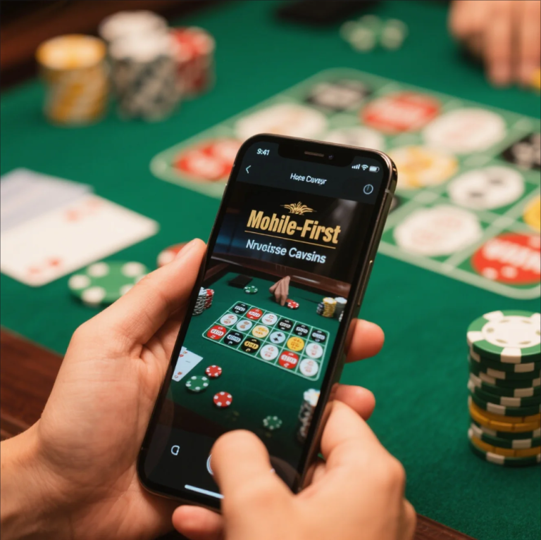 Close-up of a smartphone displaying a mobile casino app with slot reels and live dealer game on screen
