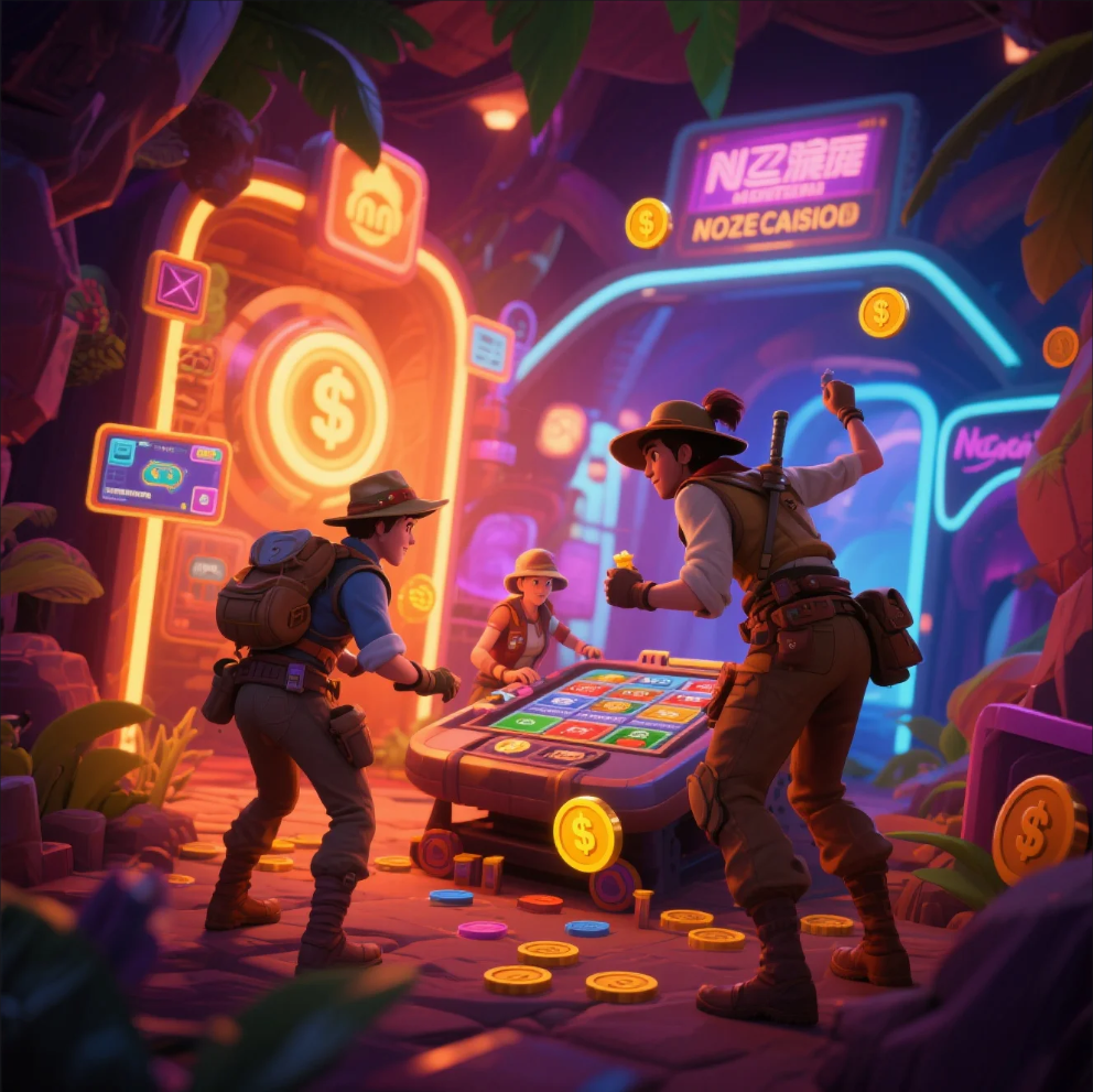 Illustration of players unlocking levels and rewards in an online casino adventure