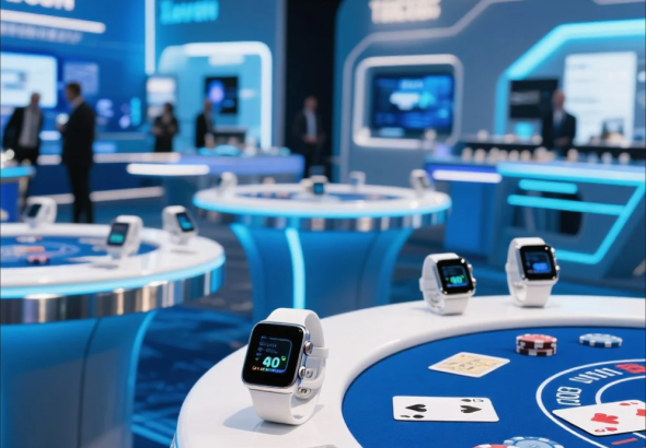 Concept of a smartwatch with casino-themed icons representing wearable gaming