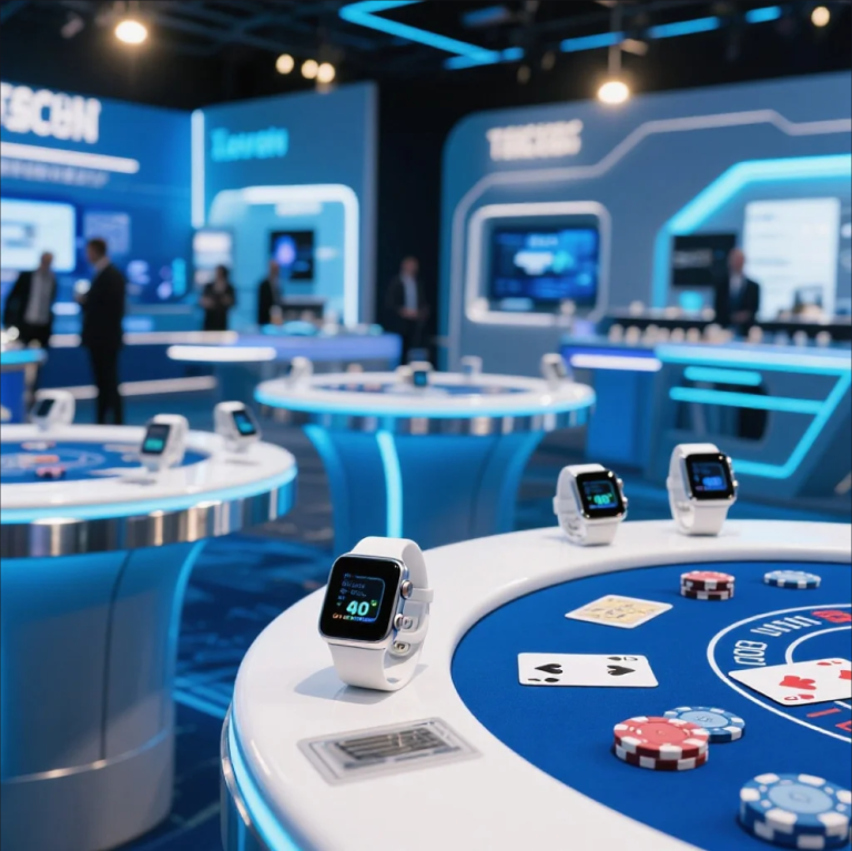 Concept of a smartwatch with casino-themed icons representing wearable gaming