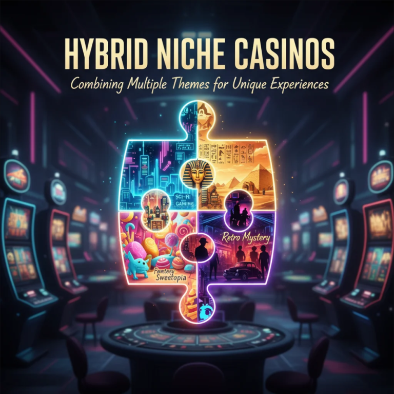 Colorful hybrid casino design combining fantasy, sports, and cultural themes