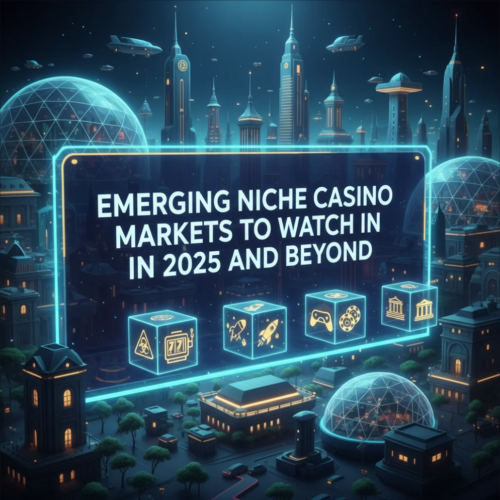 A futuristic collage showing digital casinos, mobile apps, crypto coins, and a luxury casino resort