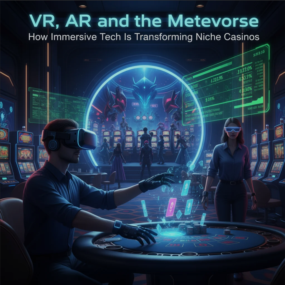 Gamer wearing VR headset playing in a virtual casino environment with neon lights, representing immersive metaverse gaming.