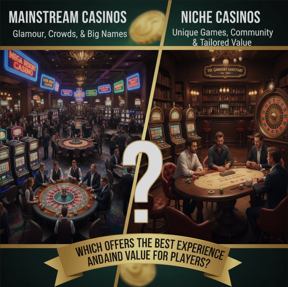 Comparison between mainstream and niche casinos showing players enjoying different gaming experiences