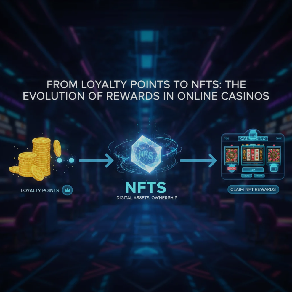 Digital poker chips and NFT icons symbolizing the evolution of rewards in online casinos