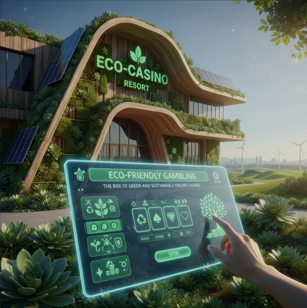Illustration of eco-friendly online casino using renewable energy and sustainable technology
