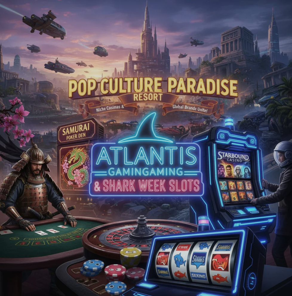 Casino interface featuring pop culture themes and branded slot collaborations