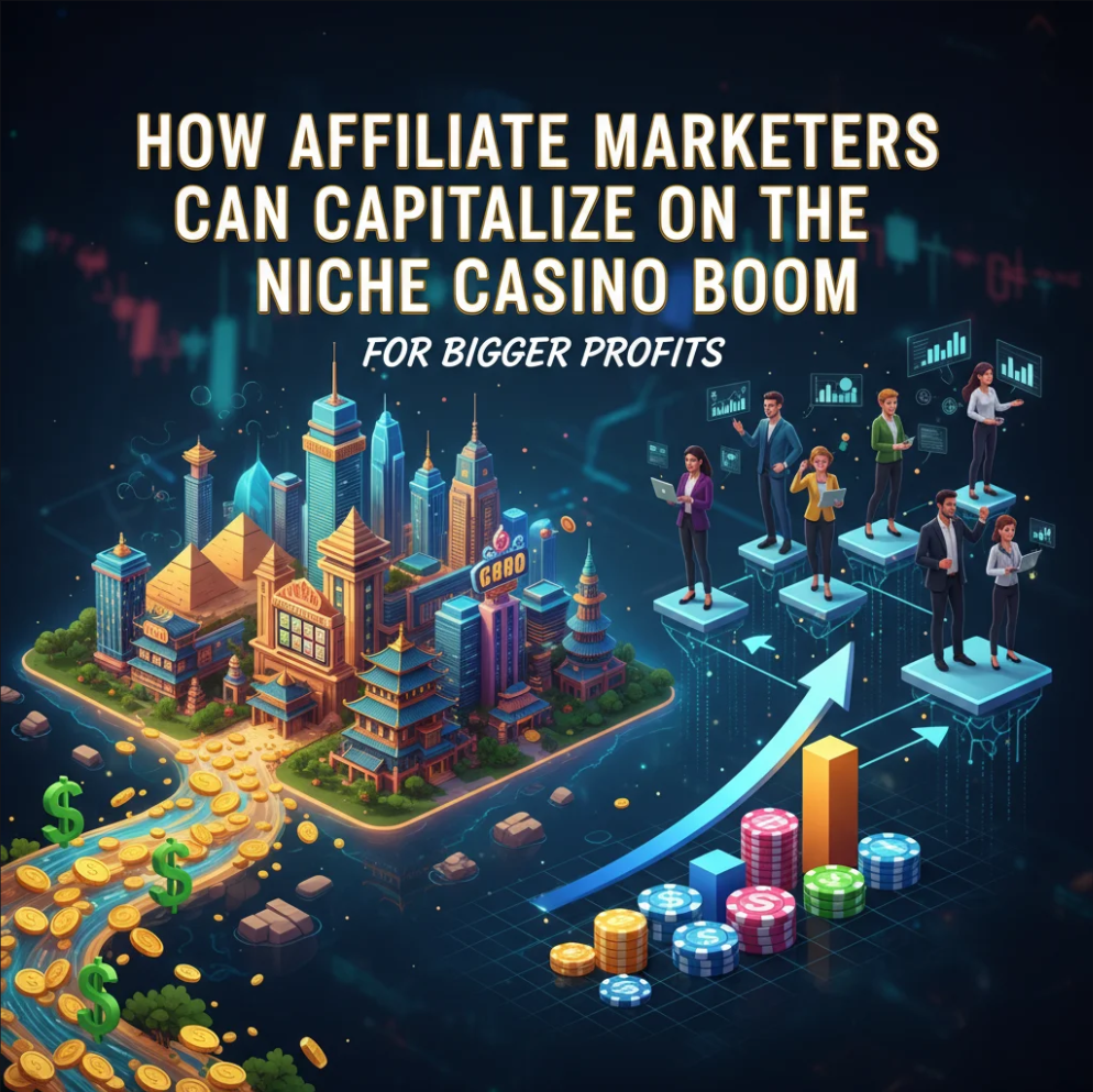 Affiliate marketer analyzing niche casino performance data on a laptop