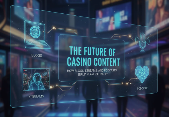 A digital collage showing casino livestreams, blog articles, and podcast icons representing modern casino content