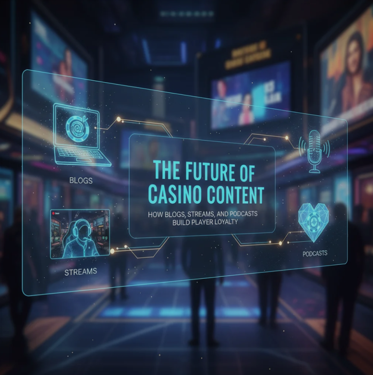 A digital collage showing casino livestreams, blog articles, and podcast icons representing modern casino content