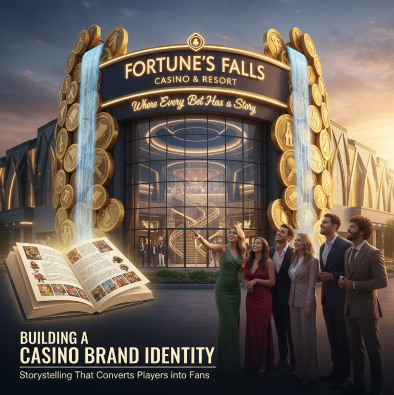 Casino brand marketing concept showing players engaging with digital slot games and brand visuals