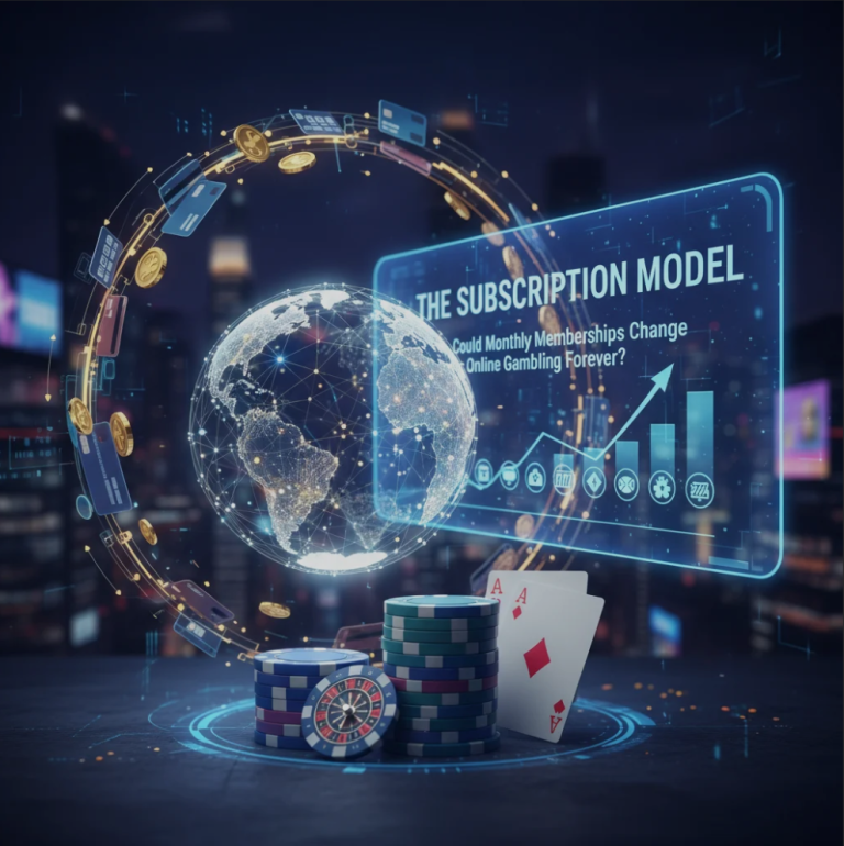 Illustration of online casino interface with subscription icons, monthly membership badge, and digital gambling elements representing the future of online gaming