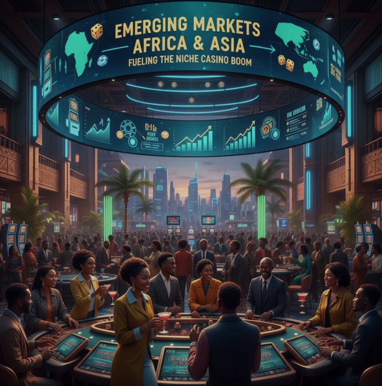 Map of Africa and Asia with digital casino icons, mobile devices, and financial growth indicators