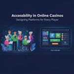 Interface of an inclusive online casino platform showing accessibility icons such as text-to-speech, large-text mode, and simplified navigation options for different types of players