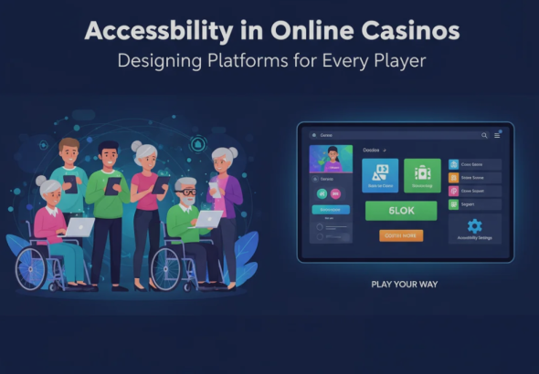 Interface of an inclusive online casino platform showing accessibility icons such as text-to-speech, large-text mode, and simplified navigation options for different types of players