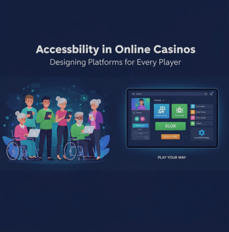 Interface of an inclusive online casino platform showing accessibility icons such as text-to-speech, large-text mode, and simplified navigation options for different types of players
