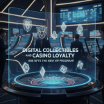 A glowing digital NFT card surrounded by casino chips, neon lights, and futuristic interface elements.