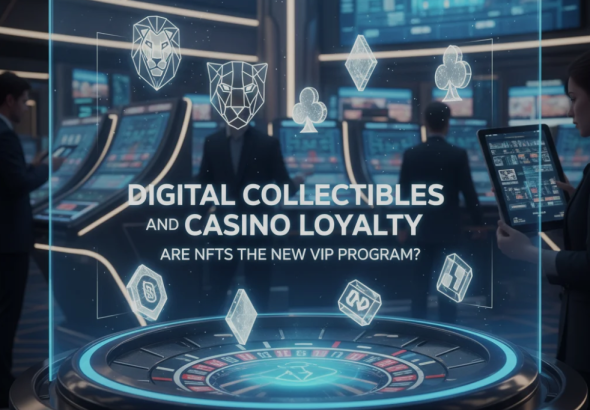 A glowing digital NFT card surrounded by casino chips, neon lights, and futuristic interface elements.