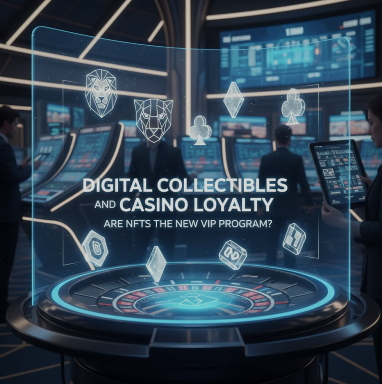 A glowing digital NFT card surrounded by casino chips, neon lights, and futuristic interface elements.