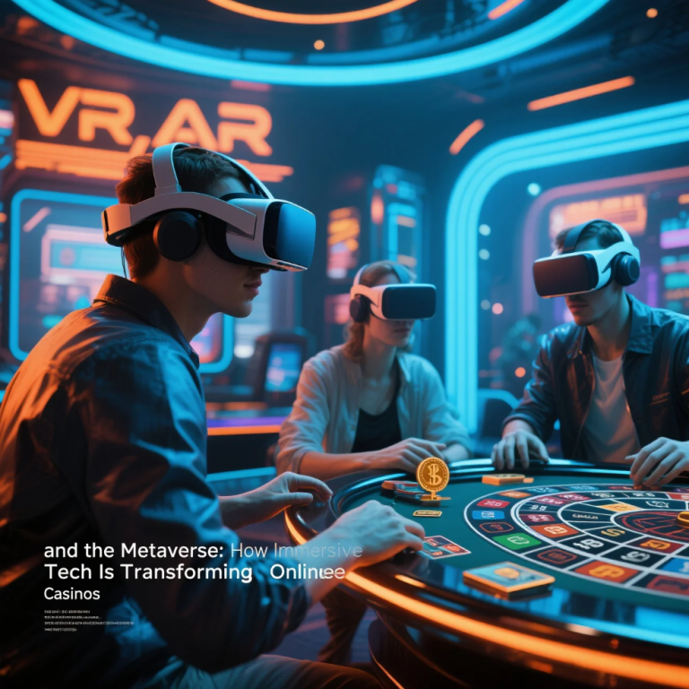 Virtual reality casino environment with players using VR headsets and digital gaming tables in a metaverse setting