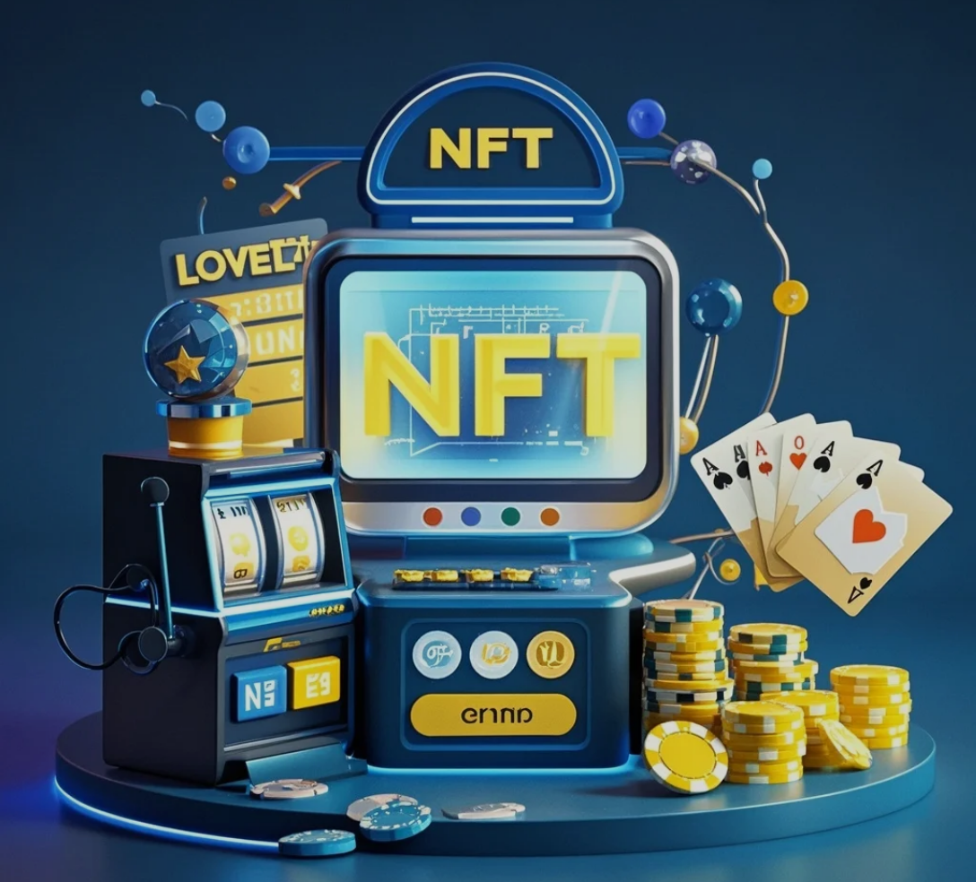 Digital NFT tokens displayed beside casino-themed graphics representing loyalty and rewards