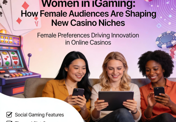 Female players enjoying modern online casino games on mobile devices in a stylish, inclusive gaming environment