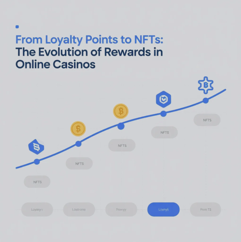 A digital casino reward card transforming into a glowing NFT token, symbolizing the evolution of online casino loyalty programs