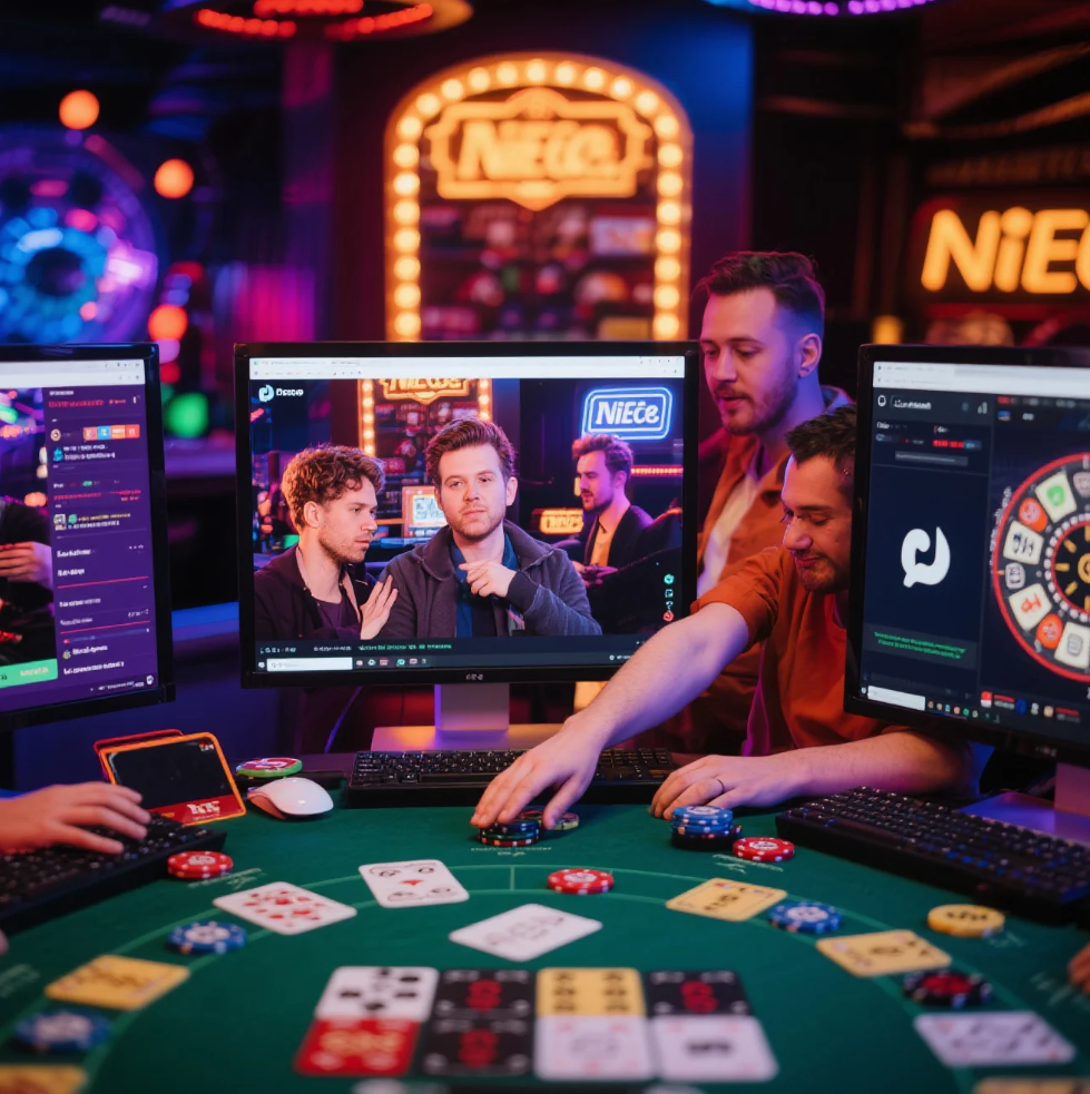 Illustration of online casino players interacting across forums and Discord channels